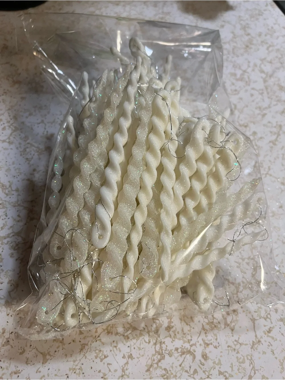 Sparkling White Twisted icicle ornaments, set of 72